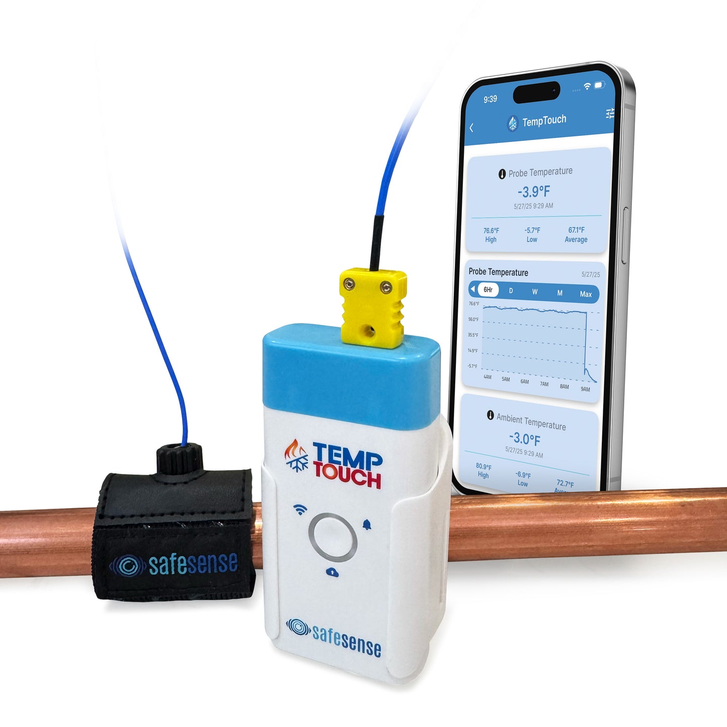 TempTouch Temperature Sensor with Pipe Strap – Freeze Alert & Remote Monitoring