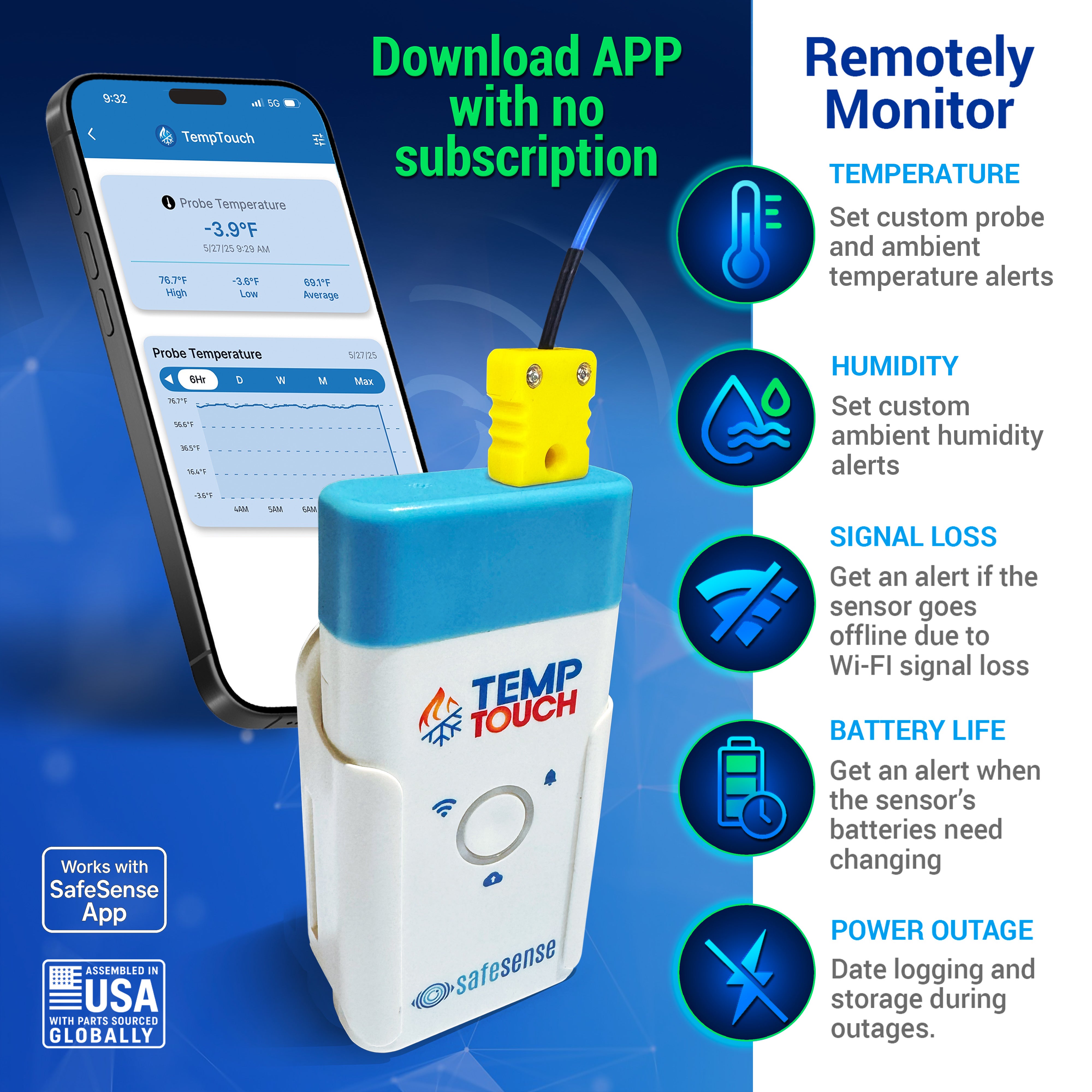 TempTouch WiFi Thermocouple Sensor – Wireless Ambient & Probe Temperature & Humidity Monitor