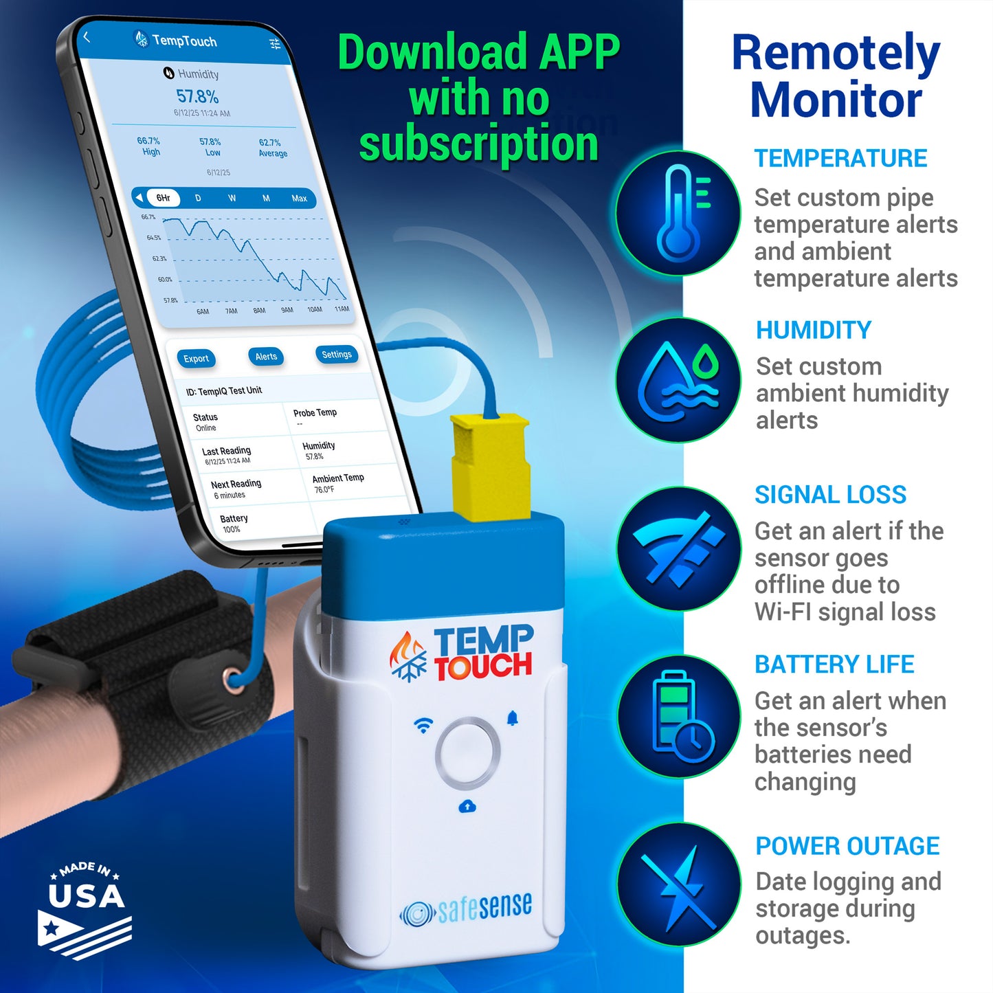 TempTouch Temperature Sensor with Pipe Strap – Freeze Alert & Remote Monitoring