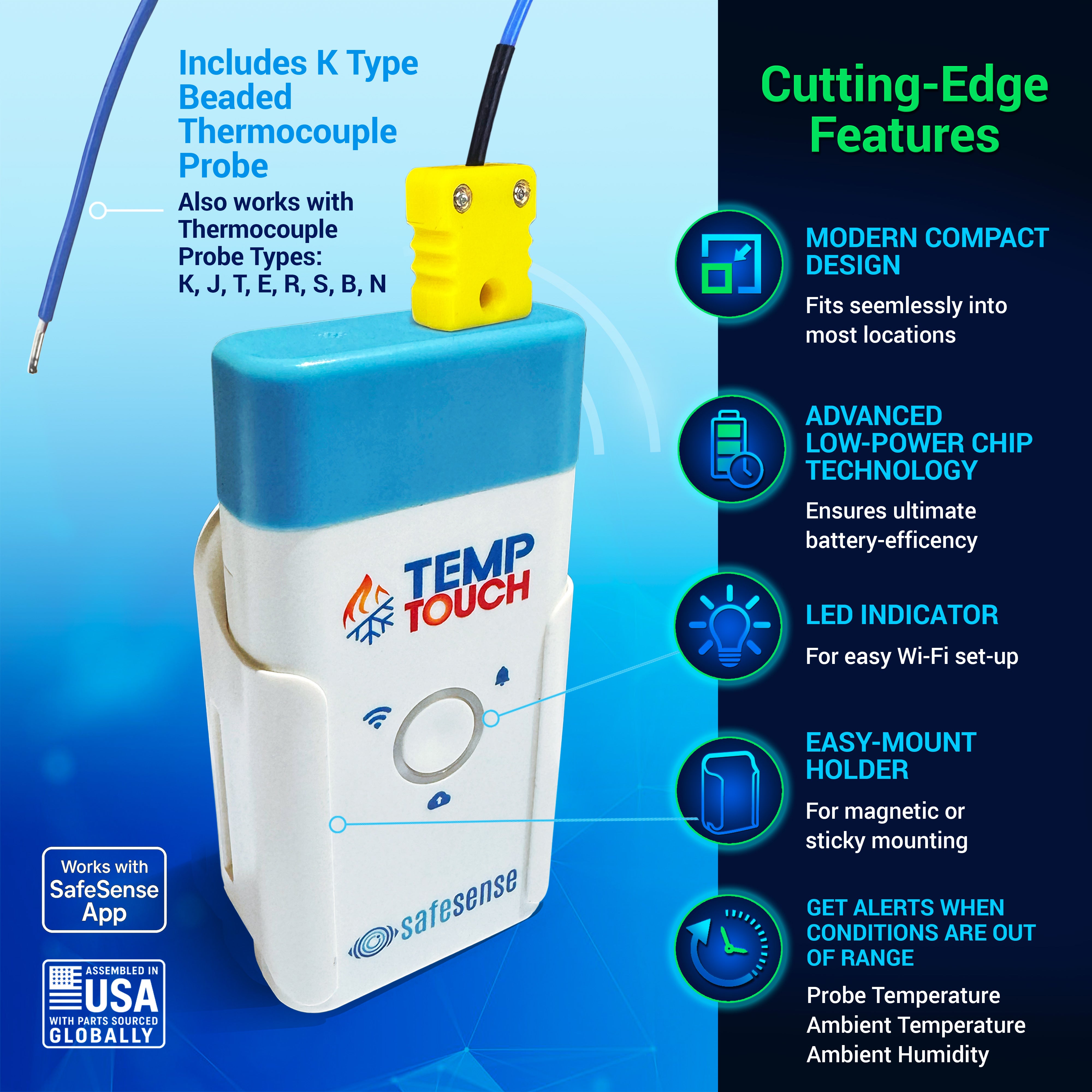 TempTouch WiFi Thermocouple Sensor – Wireless Ambient & Probe Temperature & Humidity Monitor