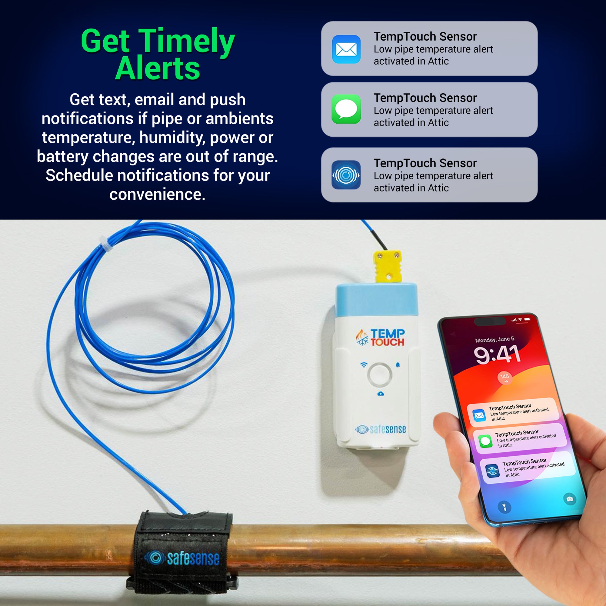 TempTouch Temperature Sensor with Pipe Strap – Freeze Alert & Remote Monitoring